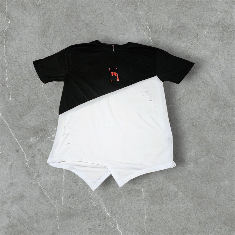 🔥 True Rock‎ Diagonal Distressed Black/White Street Shirt Hip Hop Urban Wear 🔥